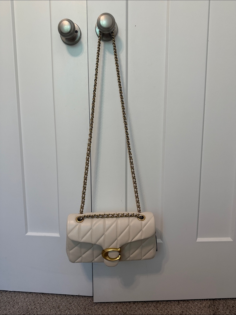 Coach Quilted Cream Shoulder Bag with Gold Chain